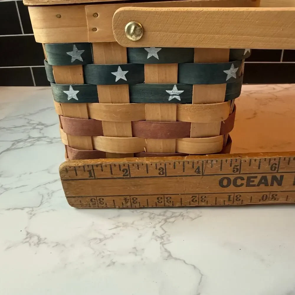 VTG Patriotic Stars Woven Wood Basket Lid Decor